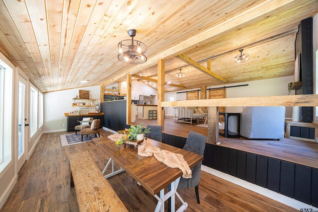 dining room with vaulted ceiling, dark wood-type flooring, and wooden ceiling