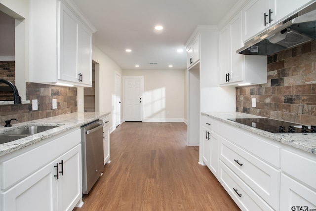 kitchen with black electric stovetop, light wood finished floors, backsplash, under cabinet range hood, and stainless steel dishwasher