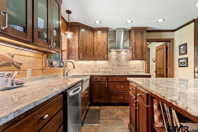 16887 Rainbow Ridge Cir, Tyler, TX 75707 - kitchen featuring wall chimney exhaust hood, dishwasher, backsplash, light stone counters, and recessed lighting