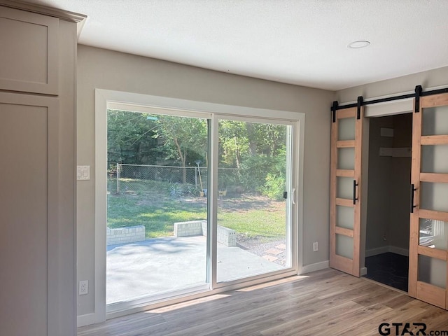 1113 Swanson Dr, Palestine, TX 75801 - doorway with light wood-style floors, a barn door, and baseboards