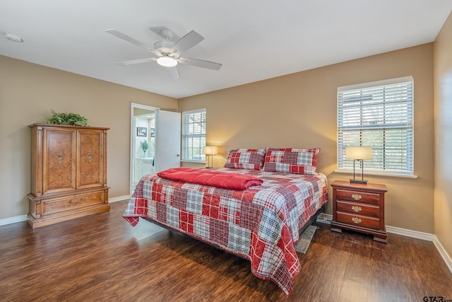 bedroom featuring dark hardwood / wood-style floors and ceiling fan