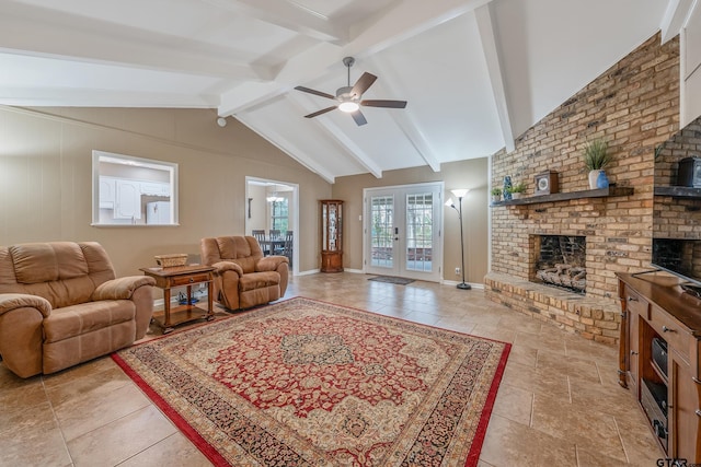 living room featuring french doors, vaulted ceiling with beams, a brick fireplace, and ceiling fan