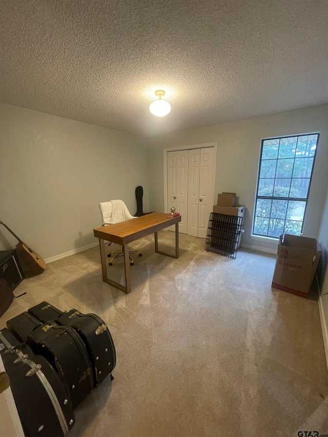 office area featuring carpet flooring and a textured ceiling