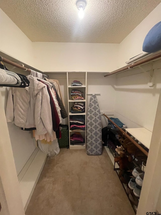 spacious closet featuring light colored carpet