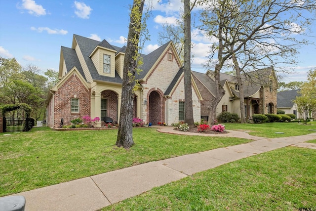 french country style house featuring brick siding, a front yard, and fence