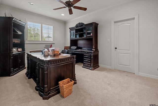 office with recessed lighting, ornamental molding, baseboards, ceiling fan, and light carpet