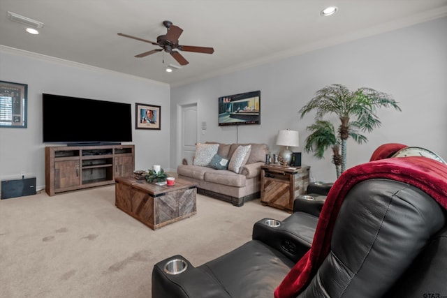 living room featuring visible vents, crown molding, ceiling fan, recessed lighting, and carpet floors