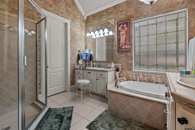 full bath featuring a bath, ornamental molding, a stall shower, and vanity