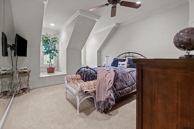 bedroom with carpet flooring, a ceiling fan, baseboards, ornamental molding, and recessed lighting