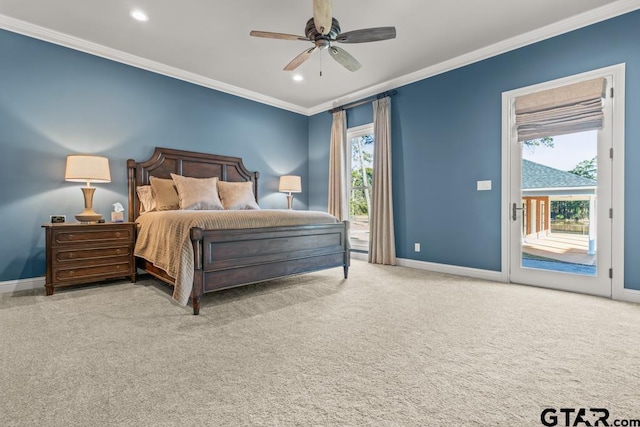 bedroom featuring access to exterior, light carpet, crown molding, and ceiling fan