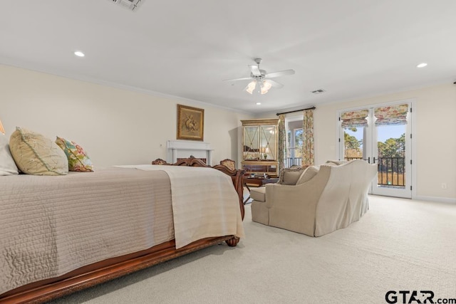 carpeted bedroom with ceiling fan, access to outside, crown molding, and french doors