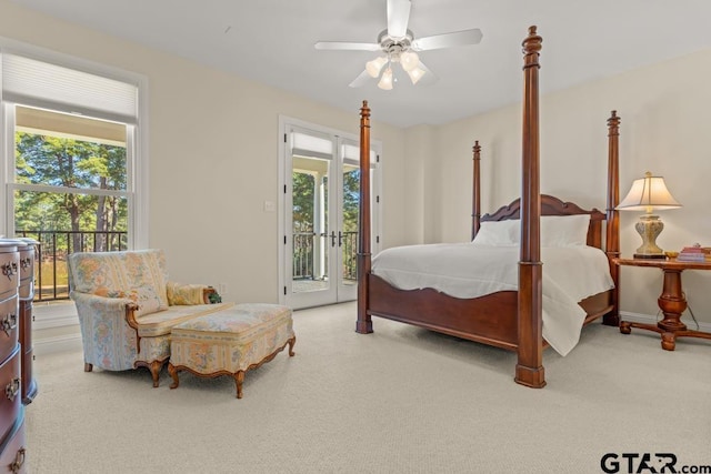 bedroom with carpet floors, access to exterior, and ceiling fan