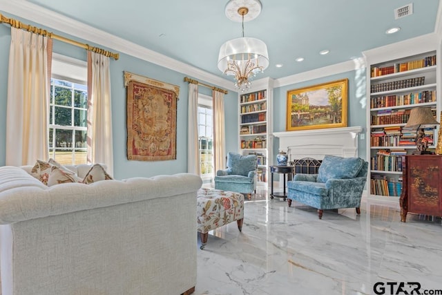 sitting room featuring an inviting chandelier, plenty of natural light, and crown molding