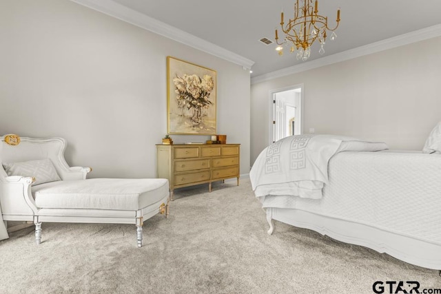 carpeted bedroom with crown molding and a notable chandelier