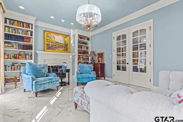 living area with ornamental molding, built in shelves, a chandelier, and french doors