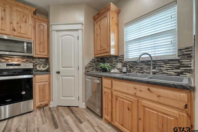 kitchen featuring light wood-type flooring, stainless steel appliances, tasteful backsplash, and sink