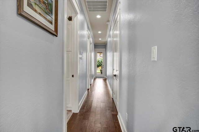 14621 Twin Pine Ln, Lindale, TX 75771 - hallway with wood finished floors, a textured wall, ornamental molding, and recessed lighting