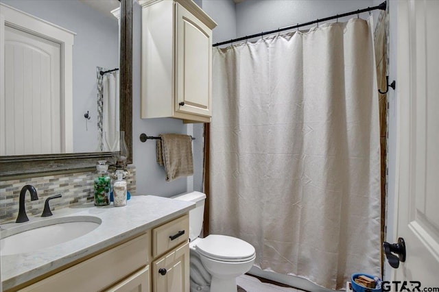14621 Twin Pine Ln, Lindale, TX 75771 - full bath with vanity, backsplash, and a shower with curtain