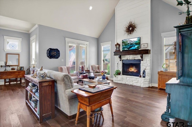 14621 Twin Pine Ln, Lindale, TX 75771 - living room featuring high vaulted ceiling, a stone fireplace, dark wood-type flooring, and ornamental molding