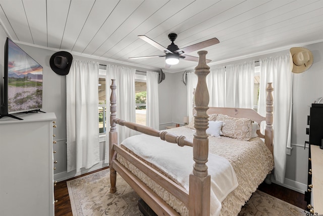 bedroom featuring dark wood-type flooring, ornamental molding, wooden ceiling, and ceiling fan