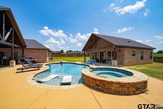 view of pool with a fenced backyard, an outdoor structure, a lawn, and a patio