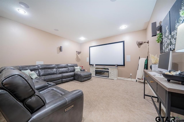 carpeted home theater with baseboards and recessed lighting