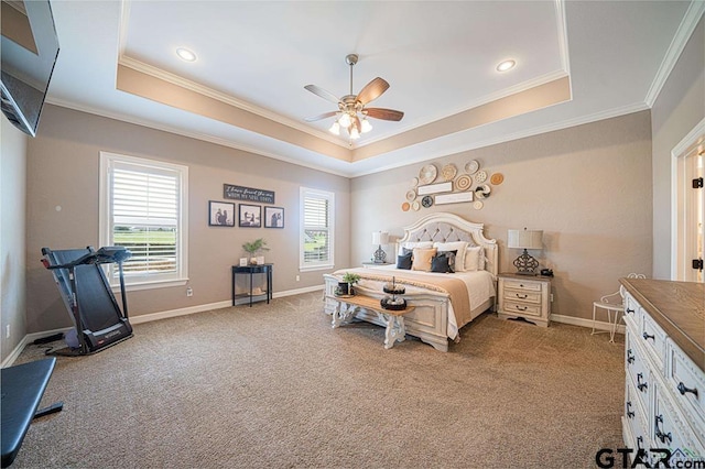 bedroom with light carpet, multiple windows, and a raised ceiling