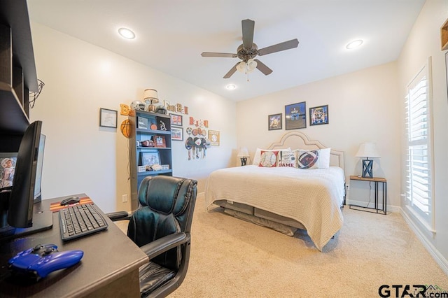 bedroom featuring carpet floors, baseboards, a ceiling fan, and recessed lighting