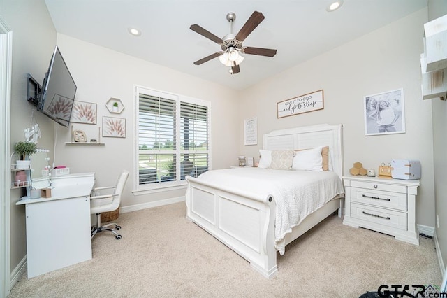 bedroom with baseboards, ceiling fan, recessed lighting, and light colored carpet