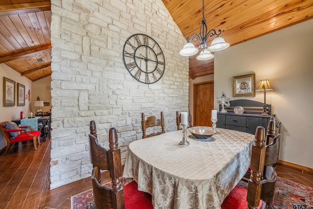 dining space featuring vaulted ceiling with beams, a chandelier, wood finish floors, wood ceiling, and baseboards