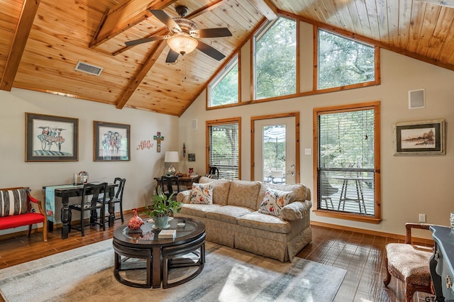 living room with wooden ceiling, wood finished floors, and visible vents