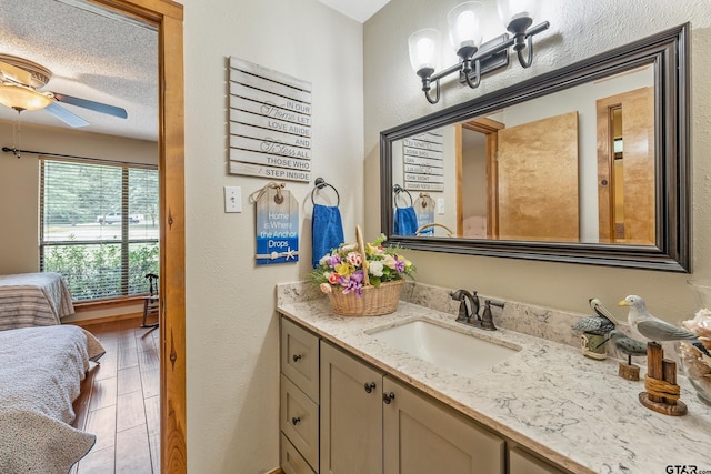 ensuite bathroom featuring a textured wall, wood finished floors, a textured ceiling, and vanity