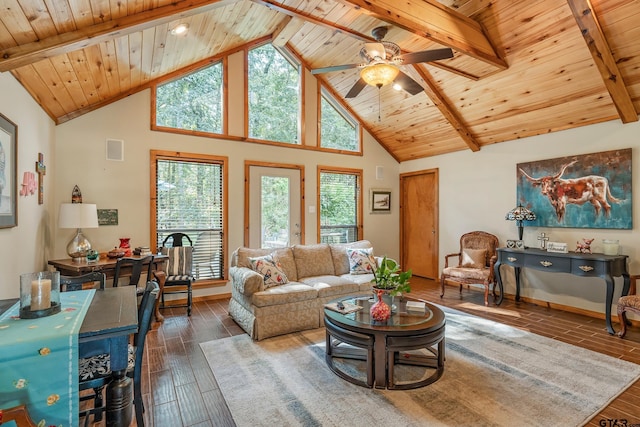 living room with wood finish floors, wood ceiling, and beam ceiling