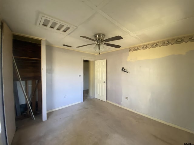 unfurnished bedroom featuring concrete flooring, a closet, and ceiling fan