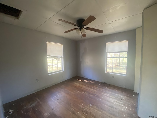 empty room with dark hardwood / wood-style flooring, plenty of natural light, and ceiling fan