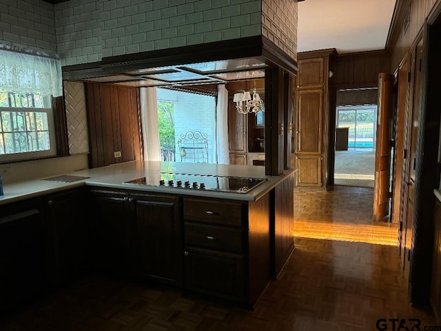 kitchen featuring a wealth of natural light, dark parquet flooring, and cooktop