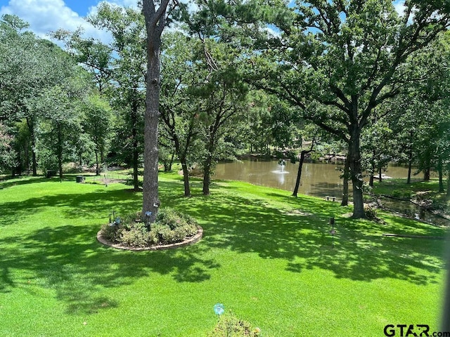 view of community featuring a water view and a lawn