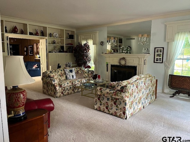 living room featuring ornamental molding and light colored carpet