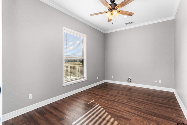 unfurnished room with dark wood-type flooring, ceiling fan, and ornamental molding