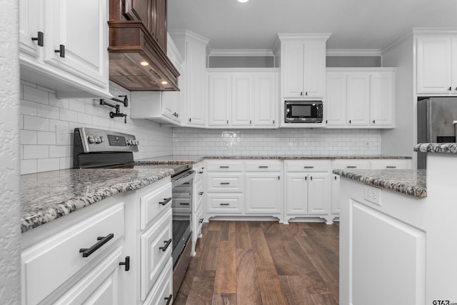 kitchen with white cabinets, appliances with stainless steel finishes, and dark hardwood / wood-style floors