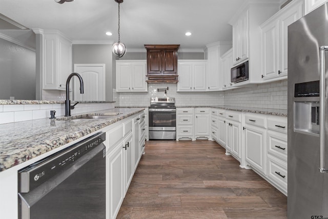 kitchen featuring black appliances, dark hardwood / wood-style flooring, pendant lighting, sink, and white cabinets