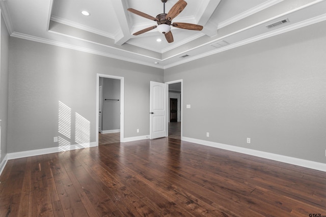 empty room featuring dark hardwood / wood-style flooring, beamed ceiling, ceiling fan, and crown molding