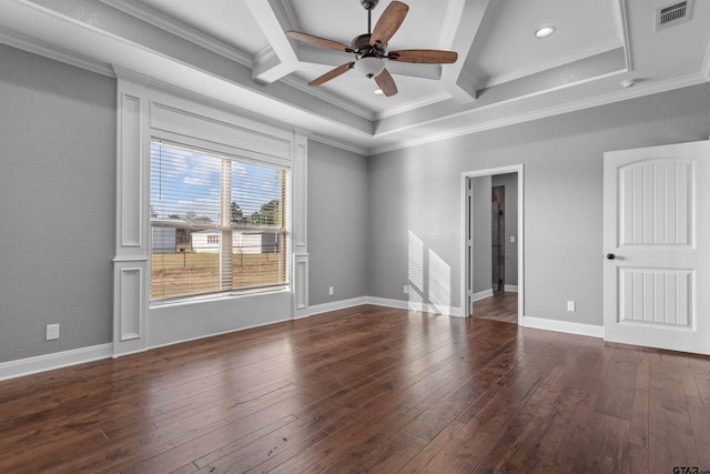 spare room with hardwood / wood-style flooring, beam ceiling, and crown molding