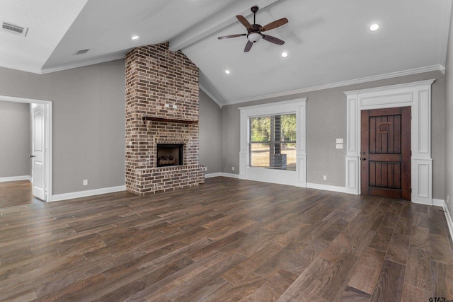 unfurnished living room featuring dark hardwood / wood-style flooring, vaulted ceiling with beams, crown molding, and ceiling fan