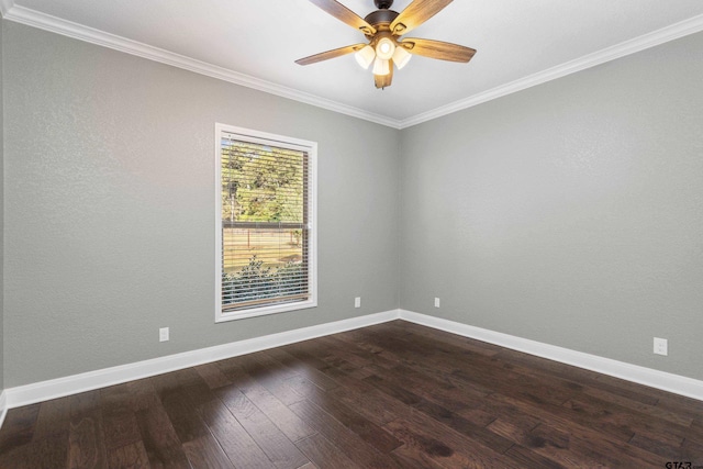 spare room featuring ceiling fan, wood-type flooring, and crown molding