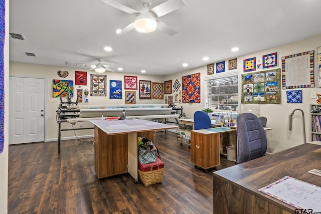 office space with dark hardwood / wood-style floors and ceiling fan