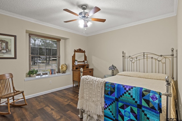 bedroom with ornamental molding, ceiling fan, a textured ceiling, and dark hardwood / wood-style flooring