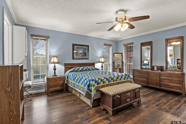 bedroom featuring ceiling fan, crown molding, dark hardwood / wood-style floors, and a textured ceiling