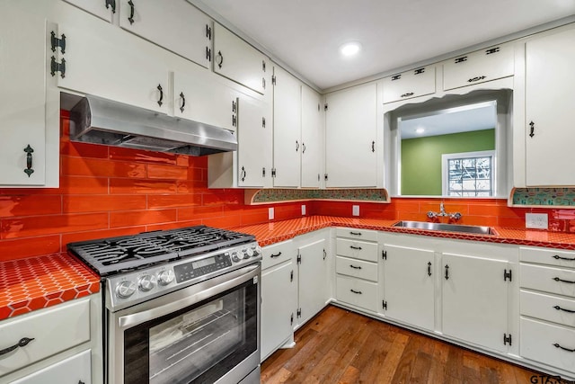 kitchen featuring sink, hardwood / wood-style flooring, stainless steel gas range, tasteful backsplash, and white cabinets