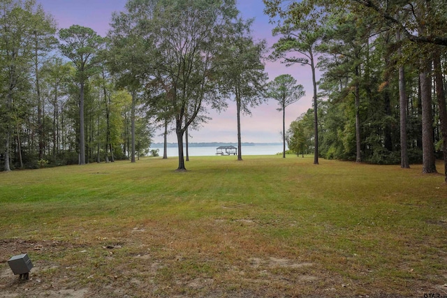 yard at dusk featuring a water view